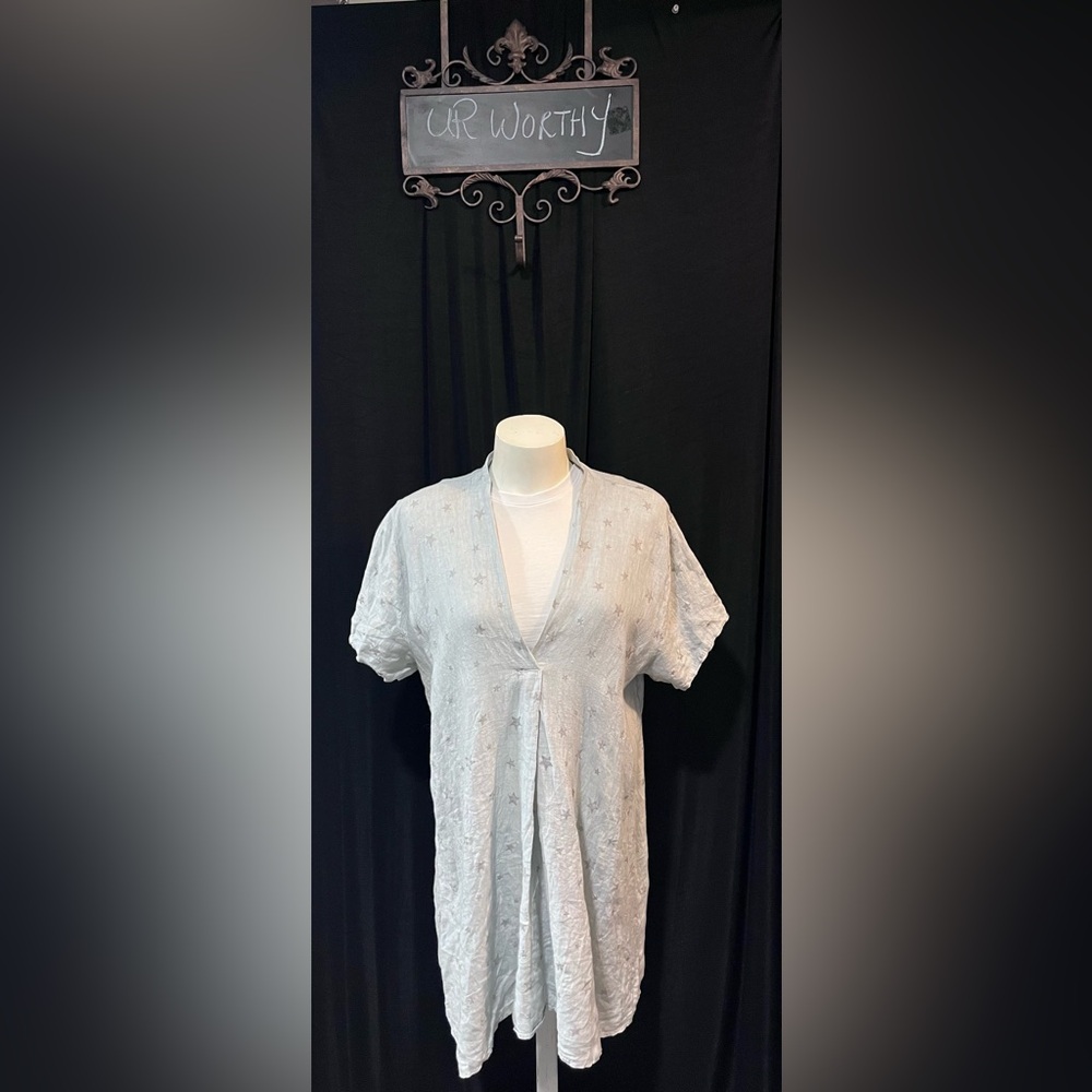 Pistache Made in Italy Linen Tunic Blouse Silver Star Print Blue Gray S M